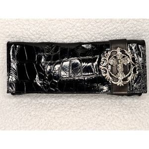 Leatherock Black Croc Embossed patent flap over clutch bag purse with cross